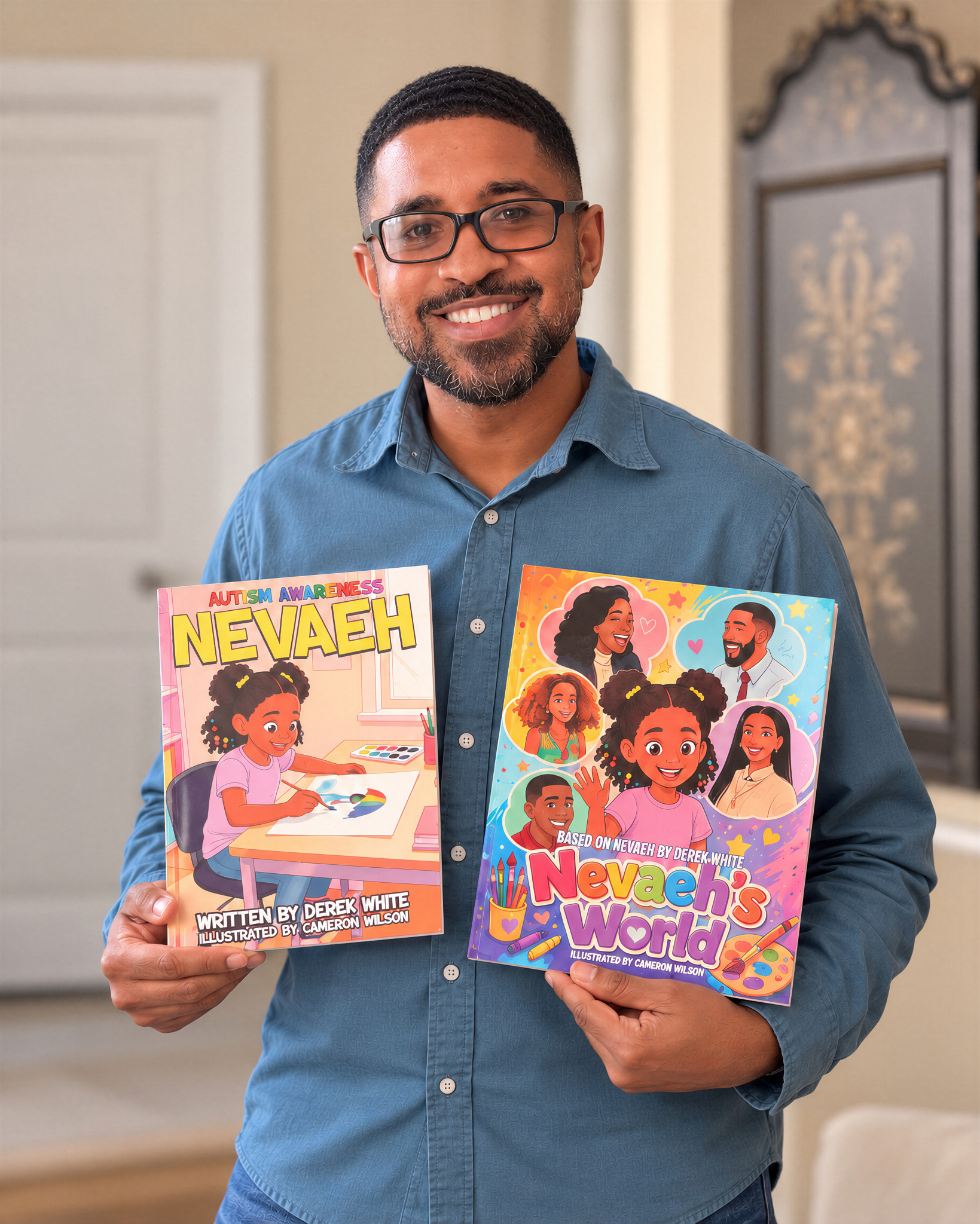 Derek White holding the Nevaeh storybook and Nevaeh’s World Coloring Book